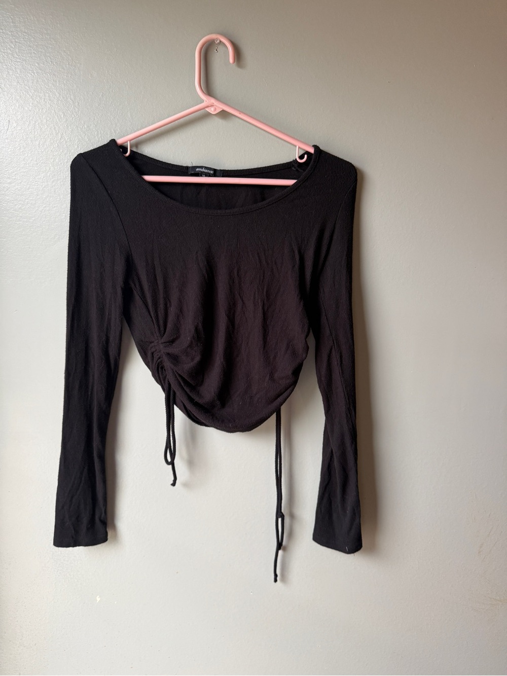 Black Ribbed Ruched Drawstring Crop Top Long Sleeve Y2K Coquette Size M